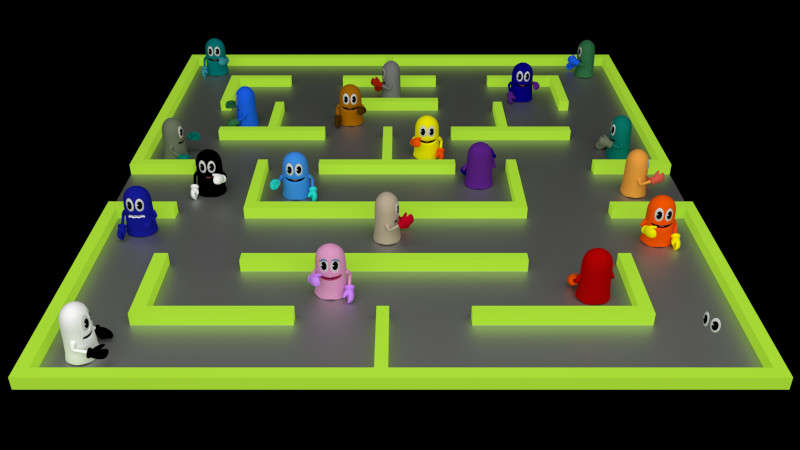 A bunch of Pacman characters moving using a custom agent.